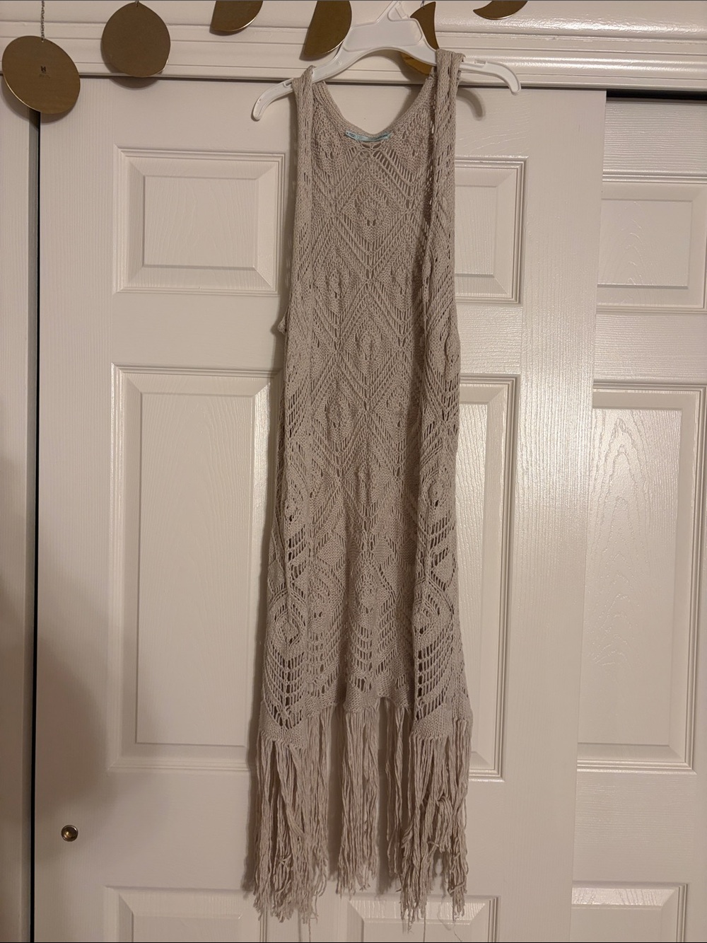 Beige Crochet Fringe Sleeveless Maxi shawl